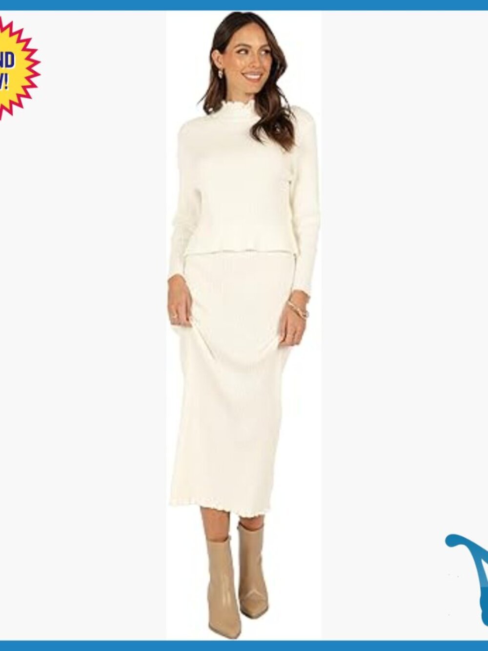 Large Knit Top and Skirt Set, Long Sleeve Midi Skirt, Acrylic Blend